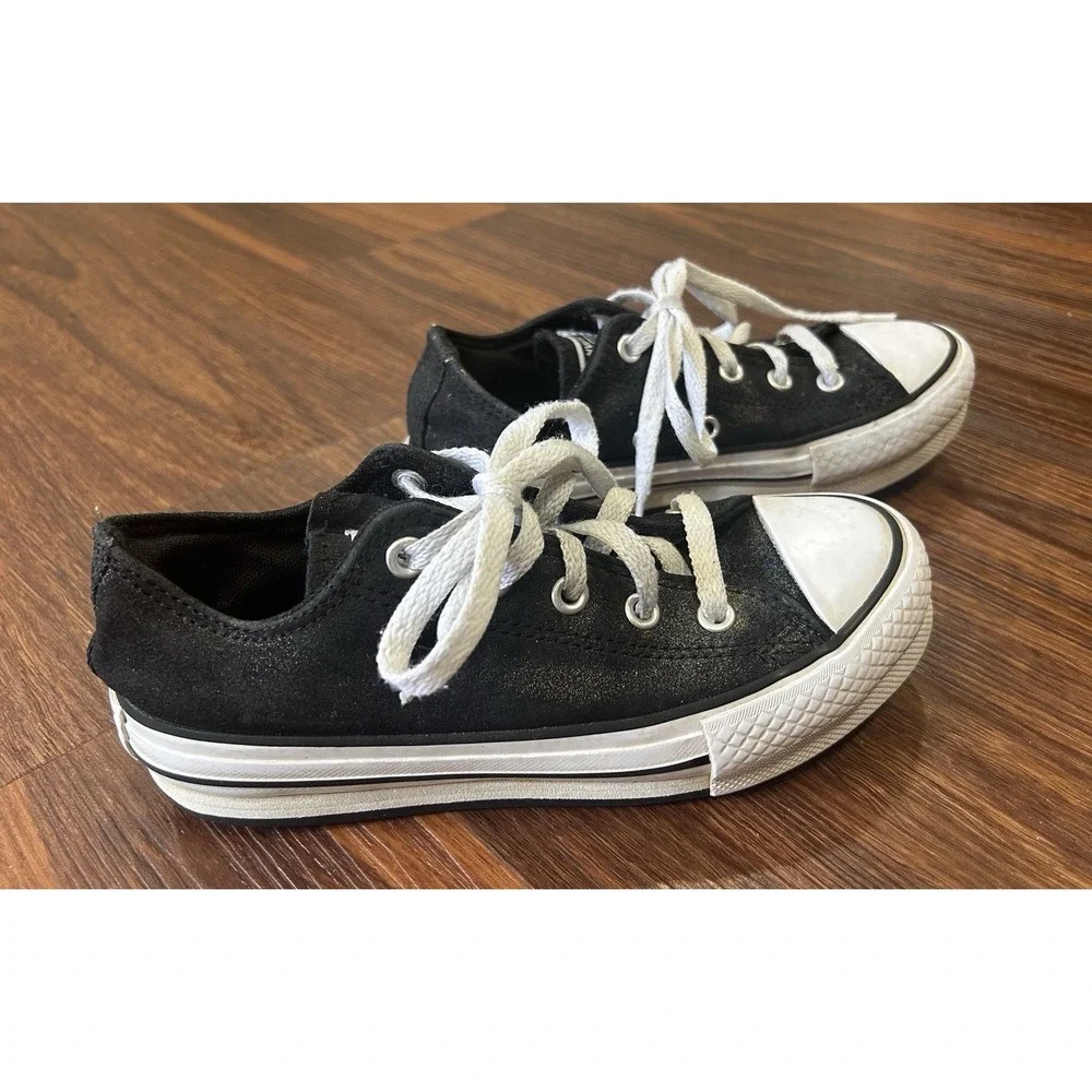 Converse All Stars Girls Size 1 Low Top Sneaker Black Canvas & Glitter B406